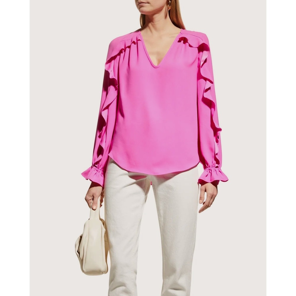 Trina Turk Owl Ruffle Trim Long Sleeve Blouse Womens Small